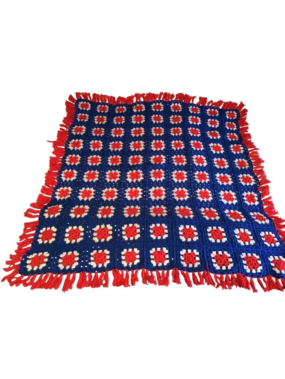 Handmade Crocheted Granny Square Red White Blue Vintage Afghan Throw Blanket